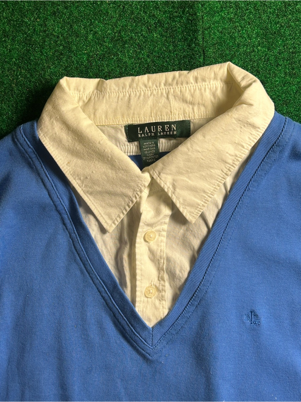 90s Lauren Ralph Lauren Blue V-Neck Layered Shirt with Cream Collar